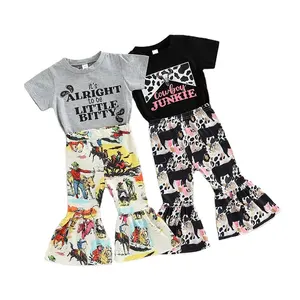 2023 Western Kids Girls Clothes Sets 2pcs Cattle Cow Printed T Shirts Flare Pants Western Baby Cowgirl Bell Bottom Outfits