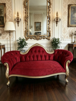 Canapé inclinable double en velours rouge bordeaux de style français, luxe léger, chaise longue royale européenne en bois massif sculpté pour salon