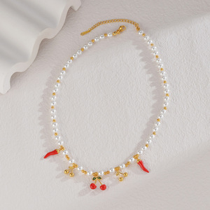 Collar de Perlas con Dije de Cereza y Fresa, Chapado en Oro, de Acero Inoxidable, Hipoalergénico, No se Deslustra, Regalo - Product Image 5