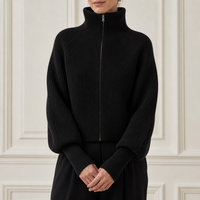 Cardigan zippé côtelé personnalisé pour femme, col châle noir, manches longues, garniture métallique, vente en gros d'usine OEM ODM, hiver