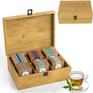 Bamboo Tea Storage Box With Lid Multi Compartment <b>Desktop</b> Organizer For Tea Bags Coffee Pods - Product Image 2