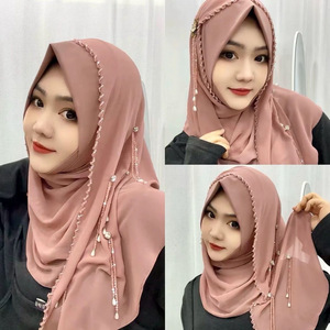 Hijab de trabajo pesado de lujo con diamantes de imitación de cristal, cuentas y borlas largas-Cubierta de cabeza de poliéster - Product Image 5