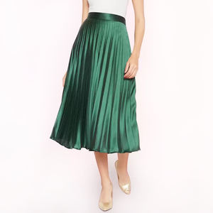 Falda <span class=keywords><strong>midi</strong></span> plisada con cremallera lateral de color oliva satinado de poliéster de alta calidad personalizada a precio barato para mujer - Product Image 1