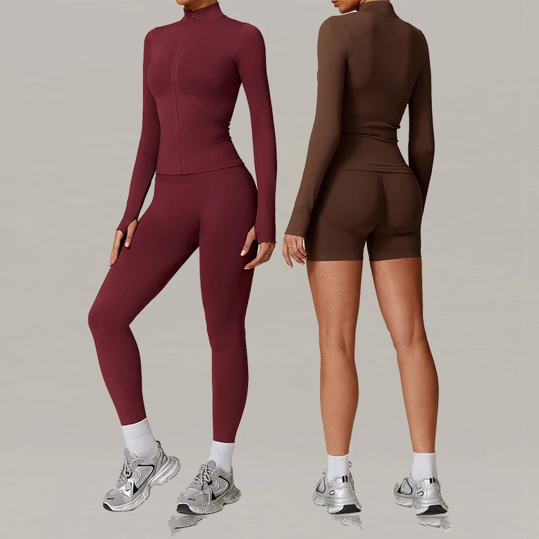 Quick Dry Stretch Seamless Yoga Set Stand Collar Zipper Thumbhole Jacket Butt Lifting Pants Yoga Outfits for Women 2 Piece Set