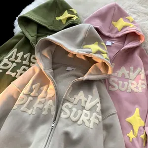 Custom Logo Acid Wash High Quality 100% Cotton Vintage Hoodies Unisex Oversized 3D Puff All Over Printing Full Zip Up Hoodie