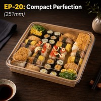 Plateau à sushi carré en papier kraft jetable écologique EP-20 avec couvercle en PET anti-buée sans BPA pour restaurant, plats à emporter, pique-nique, en vrac