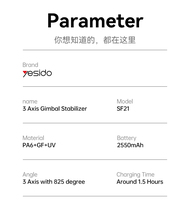 Yesido SF21 Suivi du Visage avec Caméra Batterie Puissante Lumière d'Appoint Intégrée Stabilisateur Cardan 3 Axes Support Téléphone