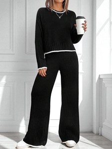 Elegante Completo Casual da <span class=keywords><strong>Donna</strong></span> in 2 Pezzi, Set in Maglia a Coste, Top a Maniche Lunghe e Pantaloni a Gamba Larga con Finiture a Contrasto - Product Image 3