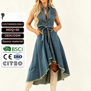 Robe longue en jean sans manches pour femme, la plus vendue en gros, avec revers, taille à nouer et ourlet asymétrique à franges - Product Image 1