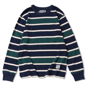 T-<span class=keywords><strong>shirt</strong></span> Streetwear Homme 280g 100% Coton Teint en Fil Jersey Rayé Breton Manches Longues Écologique Anti-boulochage Coupe Ample - Product Image 1
