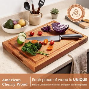 Tabla de cortar de madera de cerezo para cocina con asa, con ranura para jugos y ranura integrada para verduras, frutas y carne - Product Image 3