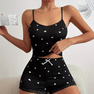 Pyjama en forme de cœur de pêche pour femmes, printemps/été, ensemble trois pièces doux et mignon, short et pantalon en coton de haute qualité, sexy - Product Image 3