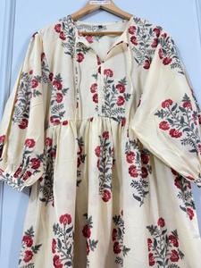 Vestido Midi Floral de Algodón para Mujer, Color Marfil Suave, Estampado Artesanal, Corte Holgado, Estilo Étnico, Ropa de Boutique para Verano - Product Image 3