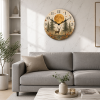Jam Dinding Kayu Bulat 10 Inch Motif Rusa Hutan untuk Thanksgiving, Dekorasi Rumah Rustic Tanpa Suara