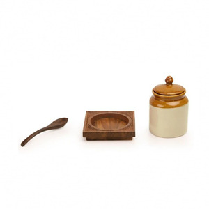 Old Fashioned Ceramic <strong>Pickle</strong> Honey <strong>Jar</strong> With Hand Carved Tray - Product Image 3