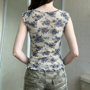 Women's Blue Floral Print Ruffle Cami Top, V Neck Slim Fit Lace Trim Tank Top, Y2K Cottagecore Summer Top - Product Image 3