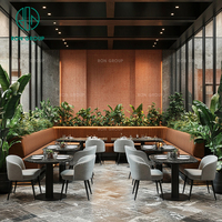 Ensemble de mobilier commercial Ron Group pour hôtels et restaurants : Table ronde en marbre et banquette rembourrée en velours, chaise en cuir et tissu