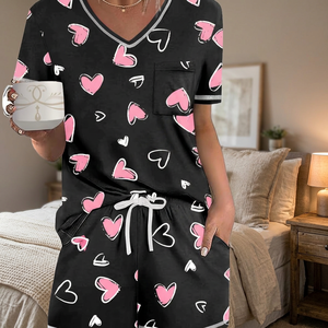 Women's <b>Black</b> Pink Heart Print Short Sleeve V-Neck <b>Pajama</b> <b>Set</b> With Drawstring Shorts Casual Sleepwear Jersey Fabric Summer Wear - Product Image 3