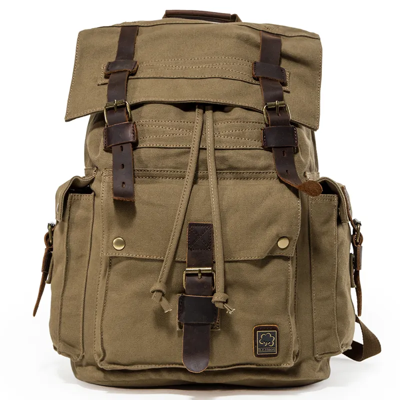 Cotton Canvas Backpack Hiking Camping School Bag for Men Women Casual Daypack Army Green