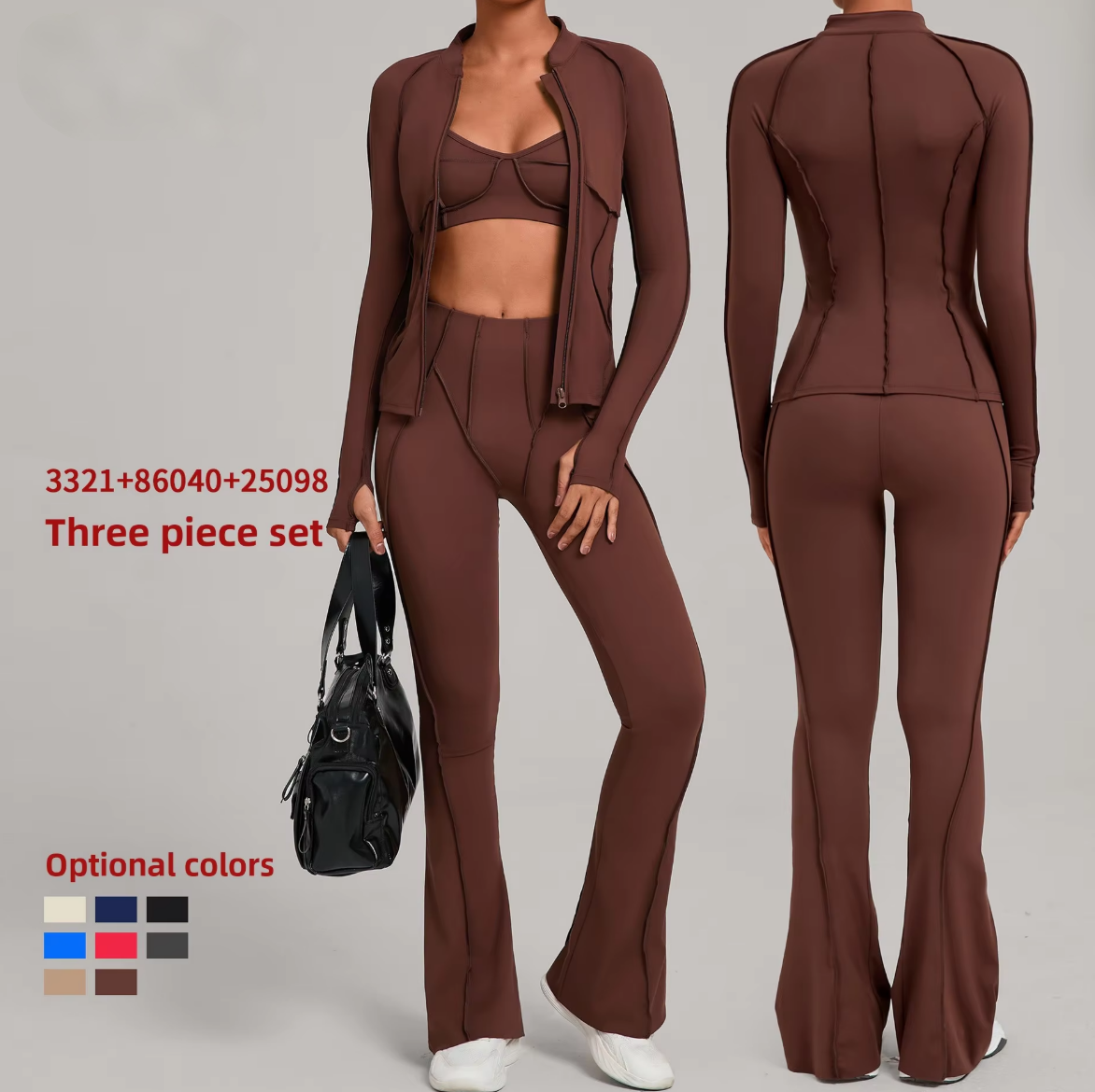 All-match Solid Zipper Breathable Stand Neck Flared Leg Spandex/Nylon Yoga Suit Women's Casual Running Fitness Tight Sports