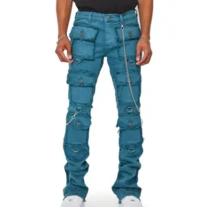 High Quality Men Denim Cargo Jeans Pants Custom Logo Streetwear Slim Oem Stacked Jean