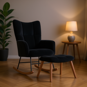 Poltrona a dondolo in velluto nero con poggiapiedi, stile Mid-Century Modern, per soggiorno, con imbottitura in schiuma, struttura in metallo e gambe in legno - Product Image 2