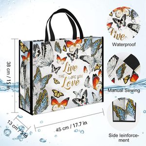 Sacs de courses réutilisables, grands sacs fourre-tout colorés à motifs de papillons, lavables, en tissu non tissé avec poignées - Product Image 4
