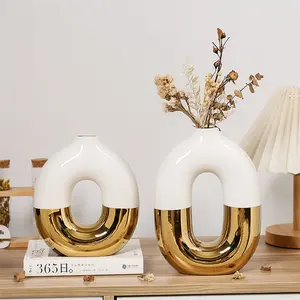 高級ゴールド電気メッキセラミックオーバル花瓶ホームクラフト装飾花瓶