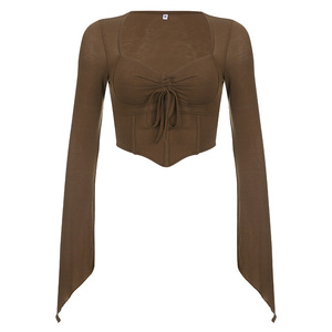 T-shirt da <span class=keywords><strong>donna</strong></span> alla moda con lacci marroni da <span class=keywords><strong>donna</strong></span> con camicette a maniche lunghe - Product Image 6