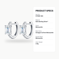Boucles d'oreilles créoles personnalisées en argent sterling 925 avec moissanite taille émeraude 5x7mm, bijoux fins S925 pour femme