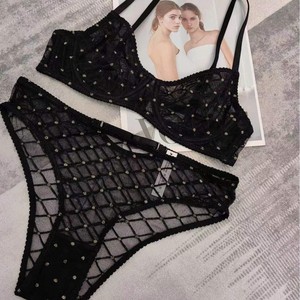 New Ultra-thin Embroidery Underwear Checkered Lace Lingerie Hot Set Sexy <b>Perspective</b> Bra Set Steel Ring Gathering - Product Image 1