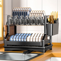 Égouttoir à vaisselle en métal à 2 niveaux avec égouttoir noir grande capacité, porte-gobelets, porte-couteaux et planche à découper