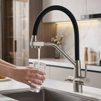 Robinet de cuisine moderne 3 voies avec sortie d'eau filtrée, en acier inoxydable SUS304, bec flexible en silicone noir, pulvérisation extractible, montage sur plan de travail