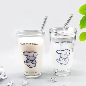 KLH025 Ins Simple Water Glass Cartoon Milk Cup With Lid Straw Clear Girls Coffee Drinking Cute Tumblers Measurement Beer Mug