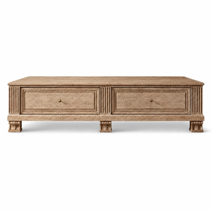 Table basse en bois massif chêne cerisé avec 2 tiroirs et détails cannelés, table de rangement pour salon, bureau à domicile, 48-84 pouces - Product Image 1