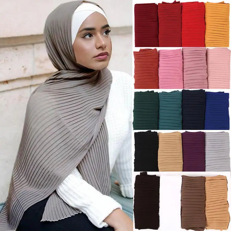 Wrinkle Tudung Malaysia Pearl Chiffon Pleated Women Headscarf Solid Color Line Ladies Crinkle Scarf Muslim Women Hijabs