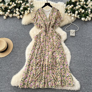 Cruz francesa cuello en V manga corta cintura volante floral mujeres verano vestidos elegantes - Product Image 4