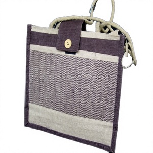 Sac fourre-tout en jute à motif chevrons géométrique de designer avec poignée en corde, sac de courses écologique - Product Image 1