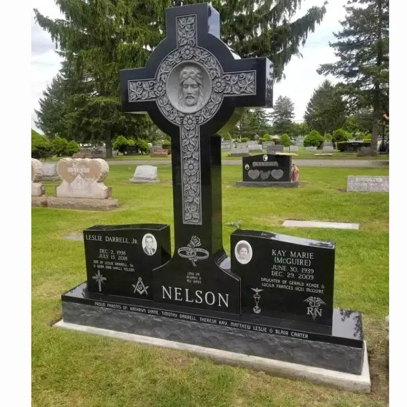 WholeSale Hand Carved Customized Black Granite Tombstone Monument With Flower Carvings Tombstone