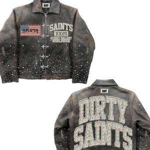 Peso massimo personalizzato 3d ricamo Applique lettera con acido e lavaggio in Denim girocollo uomo Private Label Jeans Y2k giacca - Product Image 3