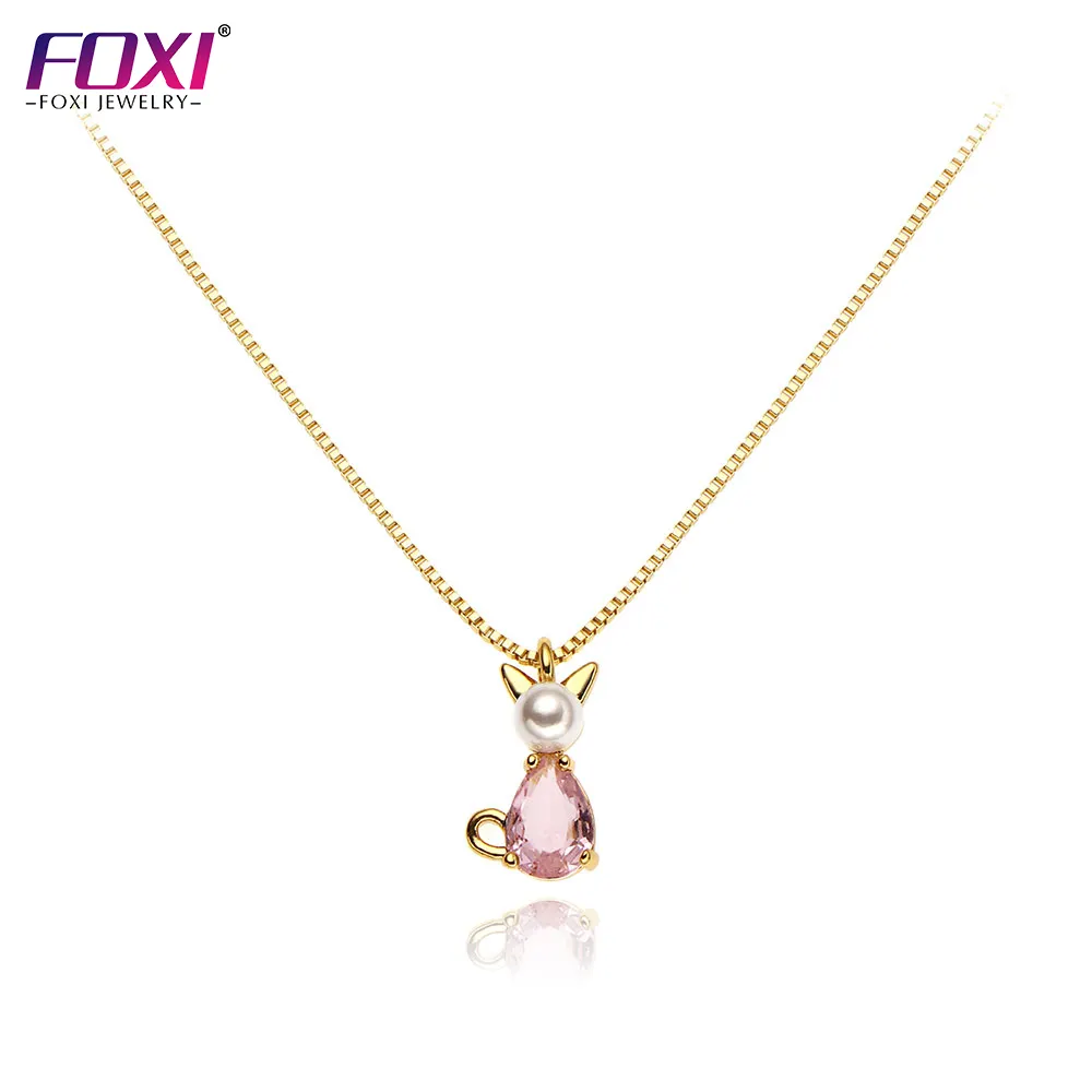 Foxi fashion pearl jewelry, 18k gold plated cute kitty pendant for girls