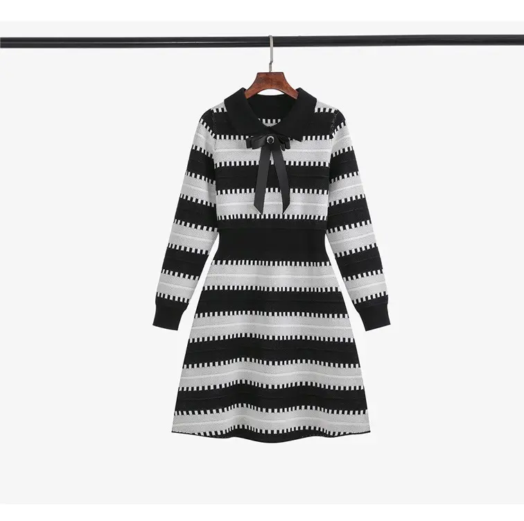 Autumn and winter 2023 knitted dress female new temperament black and white stripes dresses