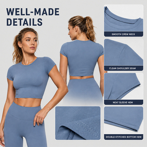 Haut court de sport pour femme 250 GSM, très élastique, sculptant le corps, col rond, manches courtes, t-shirt athlétique pour le yoga, la gym et la course à pied - Product Image 3