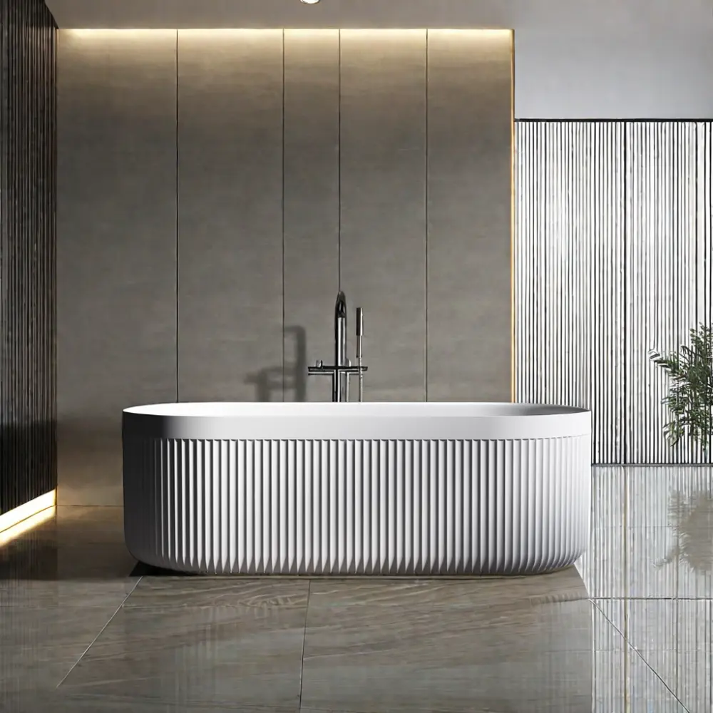 עיצוב מודרני אבן שרף לבן מחורץ אמבטיה עצמאית משטח מוצק אמבטיה לספוג אמבטיה לחדר רחצה