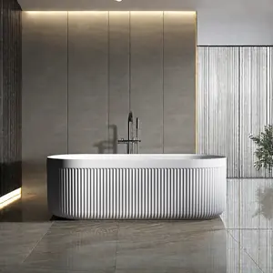Modern Design White Resin Stone Fluted Freestanding Bathtub Solid Surface Soaking Bath Tub For Bathroom