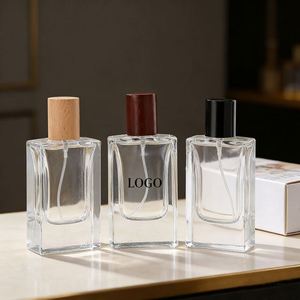 Factory Direct 30ml Thick Bottom Square Glass Perfume <b>Bottles</b> <b>Mist</b> Spray Beech Wood Cap Refillable Empty Clear <b>Bottles</b> Low MOQ - Product Image 1