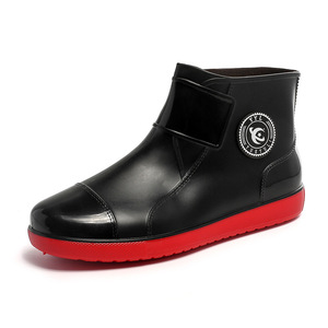 Men <b>Waterproof</b> Rain <b>Boots</b> Low Top Ankle Slip On Black Red Solid Color Glossy Outdoor <b>Work</b> Shoes - Product Image 5