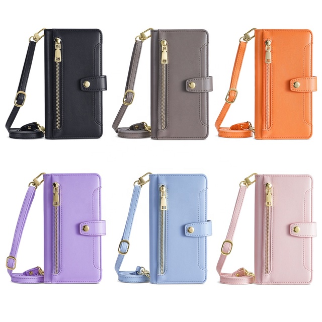 Multi-functional Leather Zipper Wallet Phone Case with Crossbody Strap & Wristlet for Samsung S24 S25 S26 Ultra
