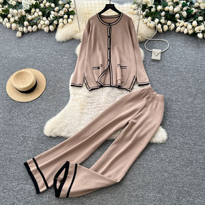 Ensemble <span class=keywords><strong>chic</strong></span> deux pièces pour femme, cardigan en tricot colorblock, <span class=keywords><strong>pantalon</strong></span> large taille haute, automne hiver, ensemble 2 pièces <span class=keywords><strong>pas</strong></span> <span class=keywords><strong>cher</strong></span> pour femmes - Product Image 1