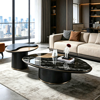 Table basse ovale en noyer avec plateau en pierre noire de luxe, style minimaliste italien, ensemble de meubles de salon, décoration d'intérieur antique